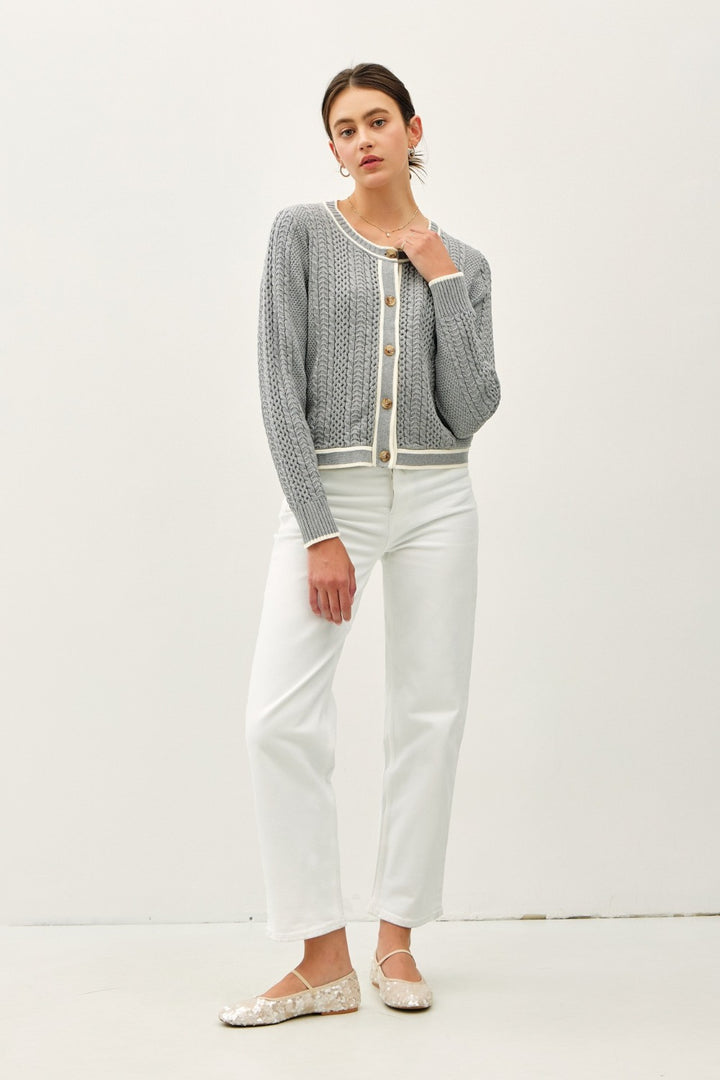 Gray Cable Knit Long Sleeve Contrast Edge Cardigan