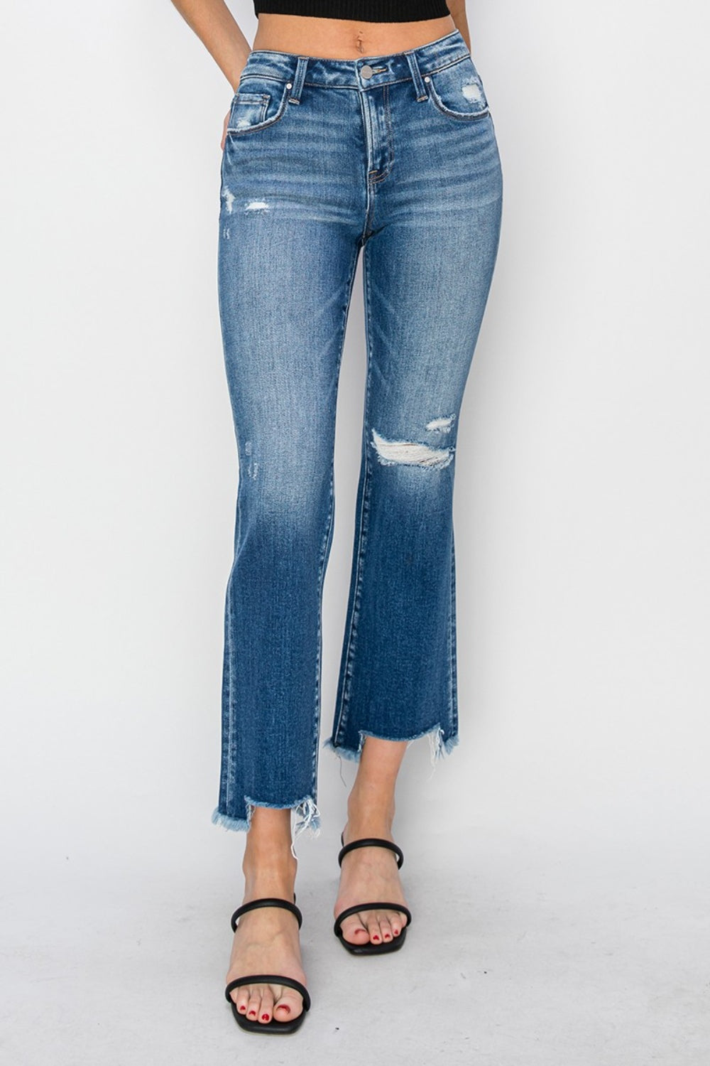 Risen Full Size Frayed Step Hem Ankle Straight Jeans
