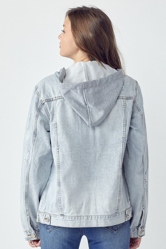 Risen Distressed Drawstring Hooded Denim Jacket