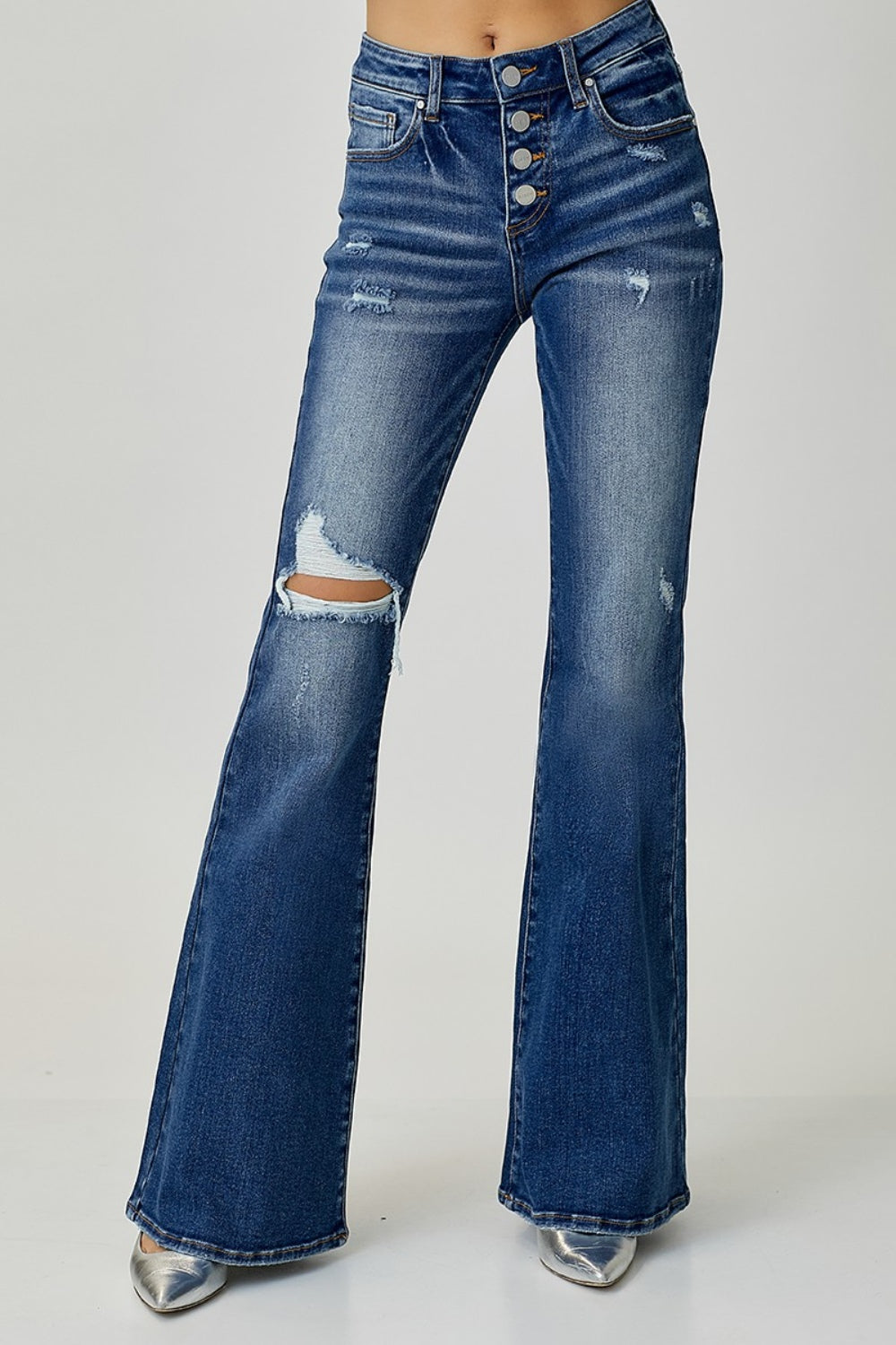 Risen Distressed Button-Fly Flare Jeans