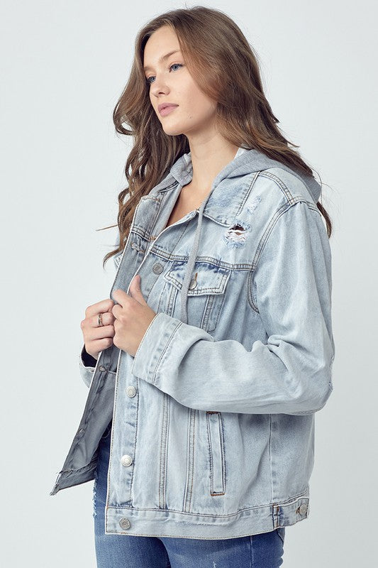 Risen Distressed Drawstring Hooded Denim Jacket