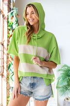 Light Green Color Block Short Sleeve Hooded Top