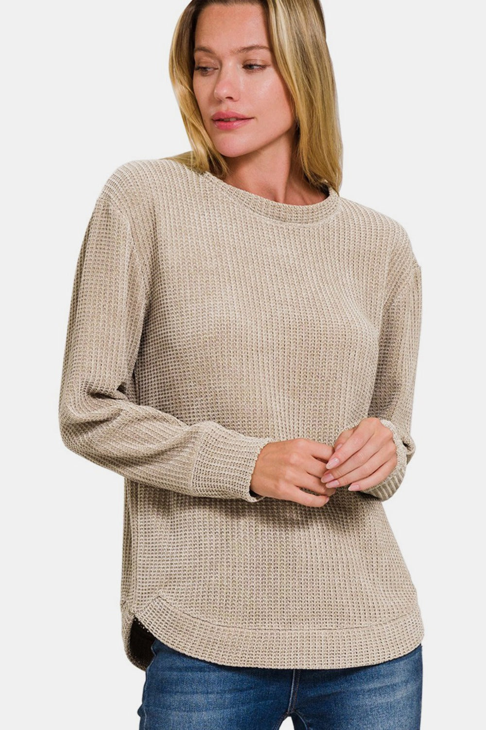 Ash Mocha Chenille Waffle Round Neck Sweater