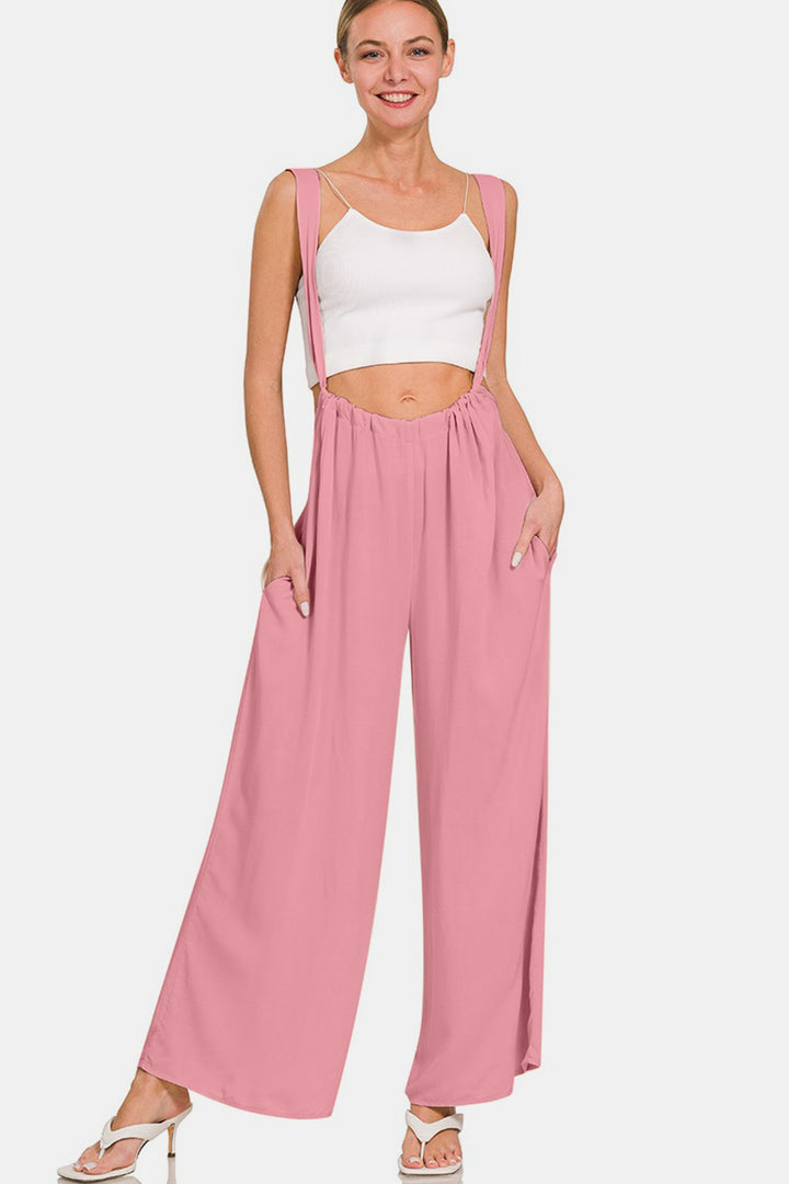 Rose Pink Pocketed Wide Strap Wide Leg Overalls