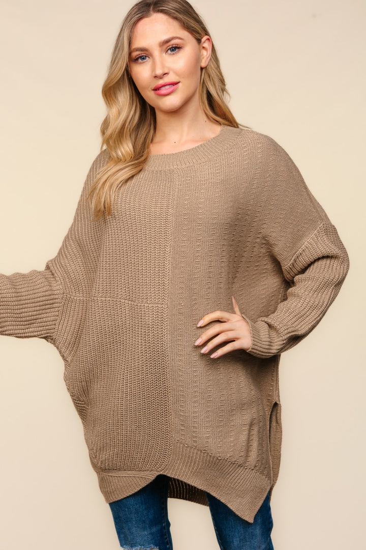 Taupe Side Slit Texture Asymmetric Sweater