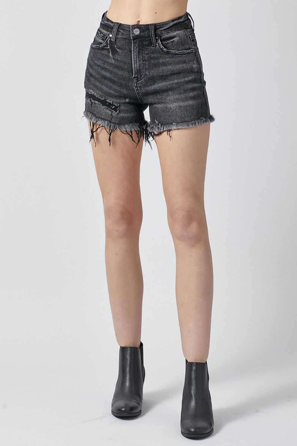 Raw Hem Denim Shorts with Pockets in Black