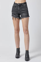 Raw Hem Denim Shorts with Pockets in Black