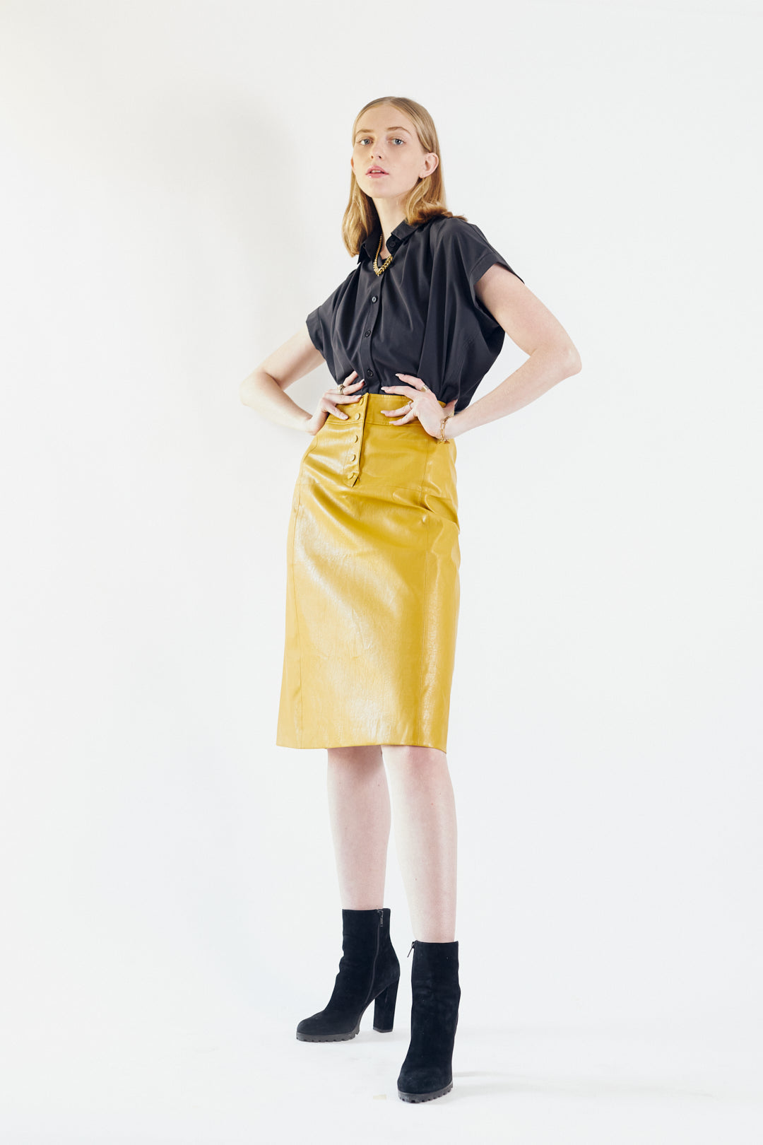 Power Woman Mustard Leather Skirt