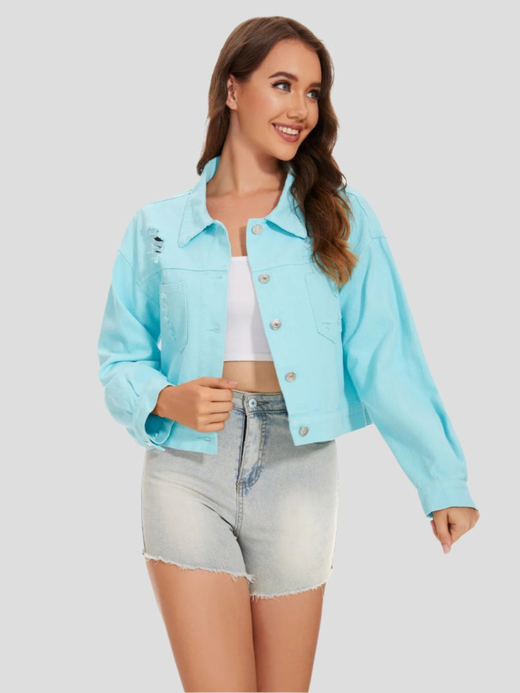 Distressed Button Up Denim Jacket