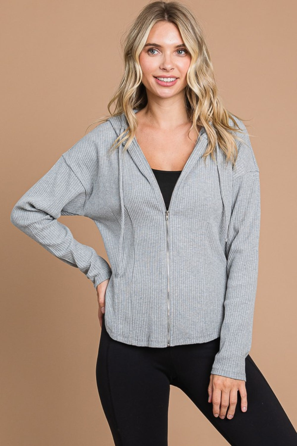 Grey Full Size Ribbed Zip Up Drawstring Hooded Jacket