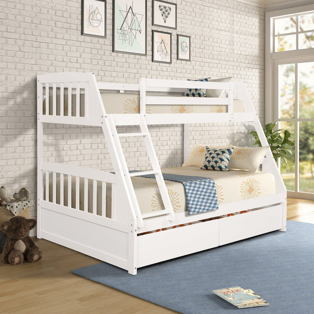 Solid Wood Twin Over Full Bunk Bed with 2 Storage Drawers White