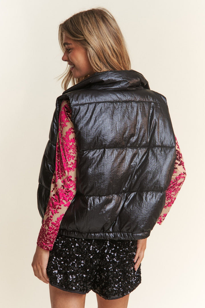 Black Snap and Zipper Shiny Metallic Puffer Vest