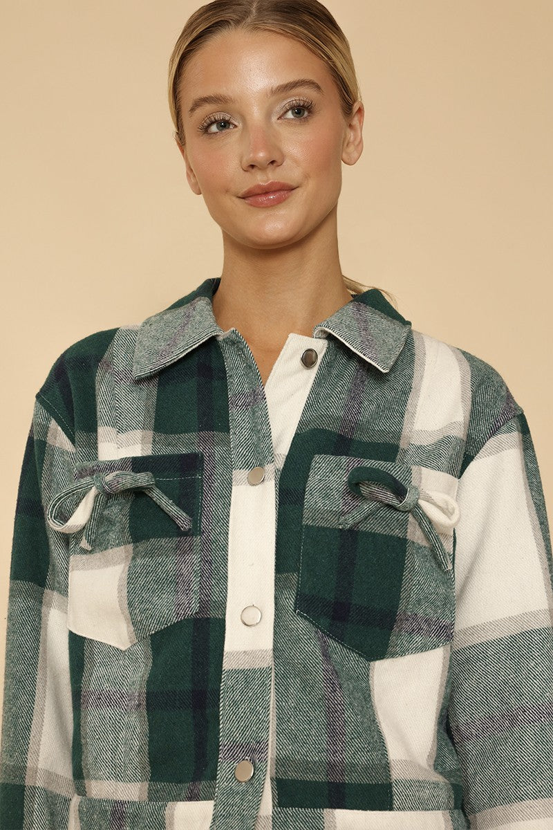 Cropped Flannel Jacket With Bow Detailing