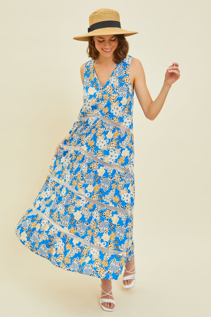 Pool Blue Floral Full Size Printed Crochet Trim Maxi Dress