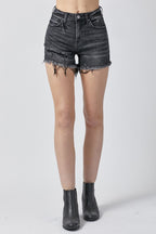 Raw Hem Denim Shorts with Pockets in Black