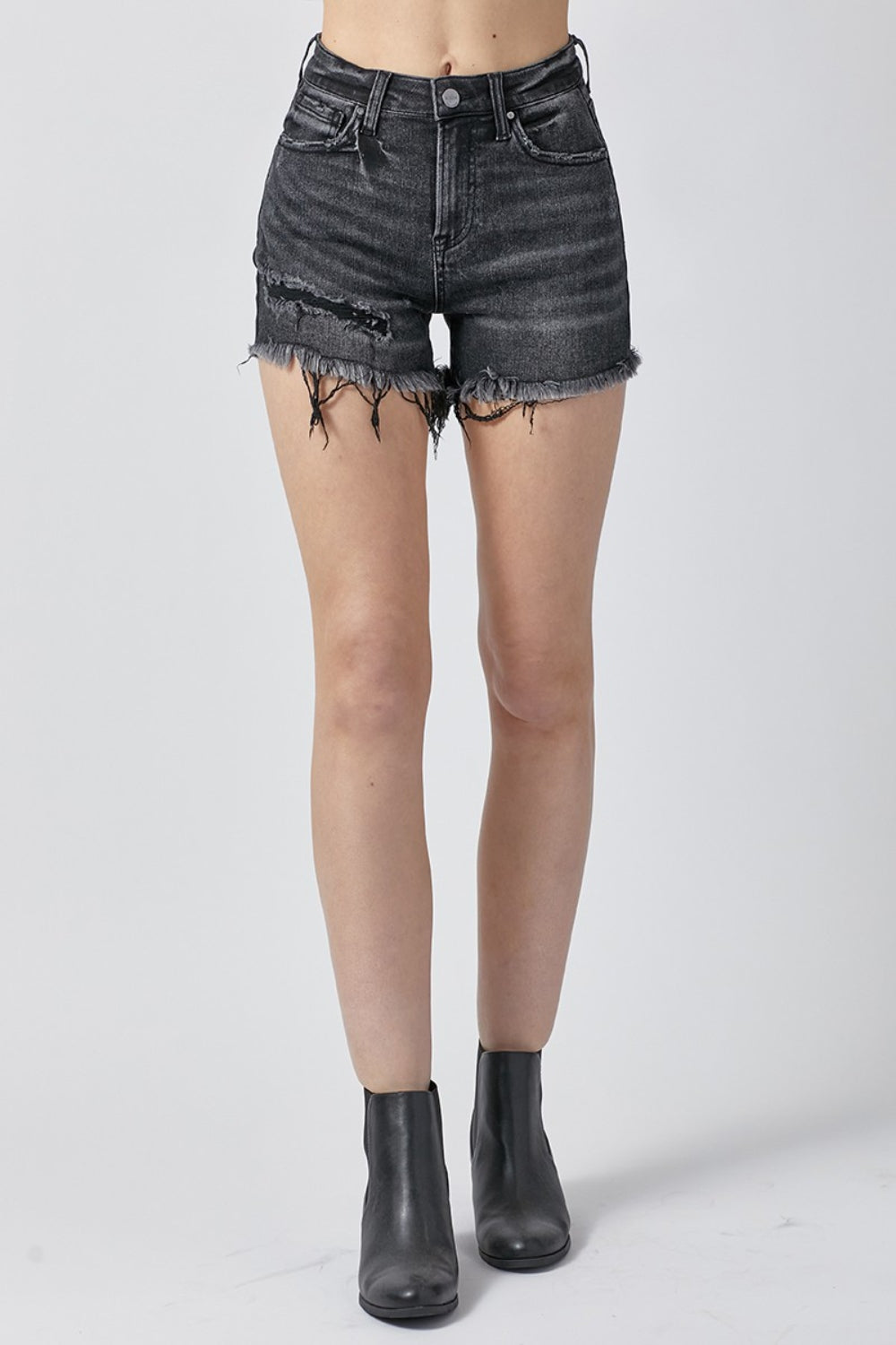 Raw Hem Denim Shorts with Pockets in Black