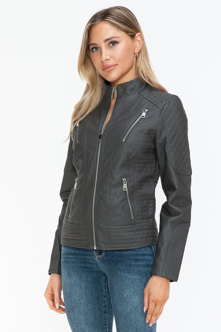 Charcoal Faux Leather Zip Up Mock Neck Jacket