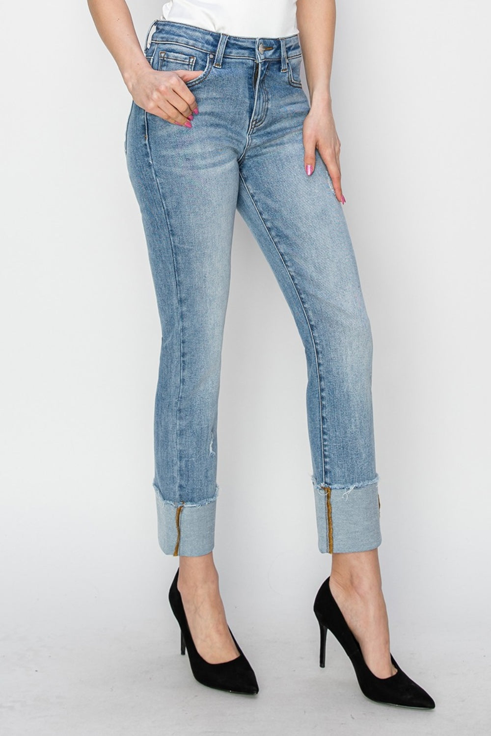 High Rise Cuffed Slim Straight Jeans