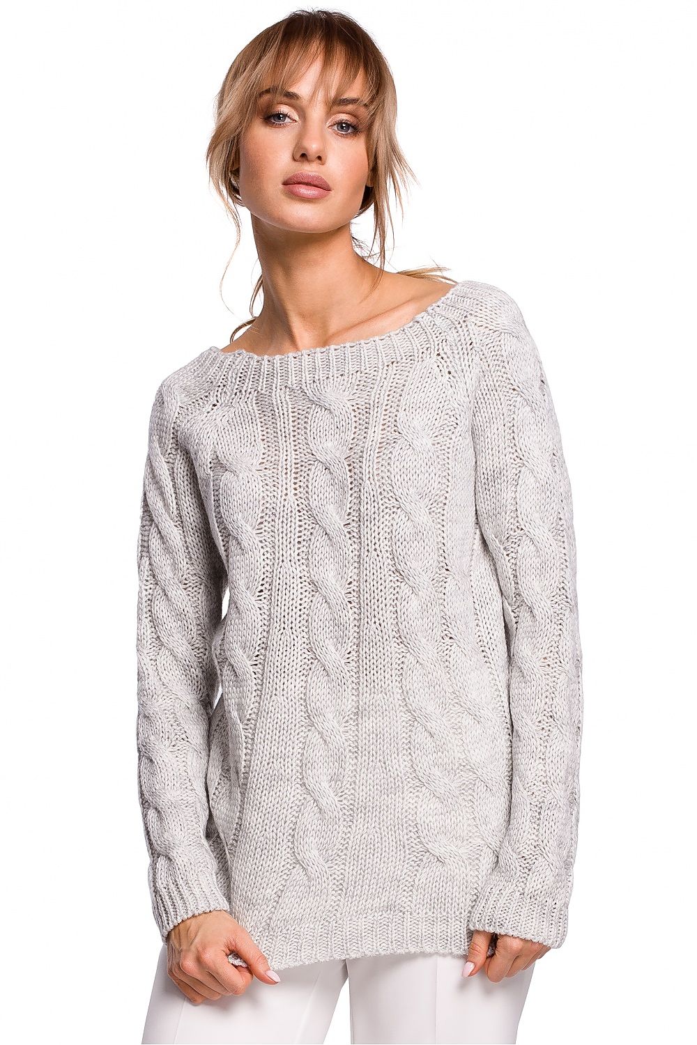 Fitted Jumper with Boat Neckline in Light Grey