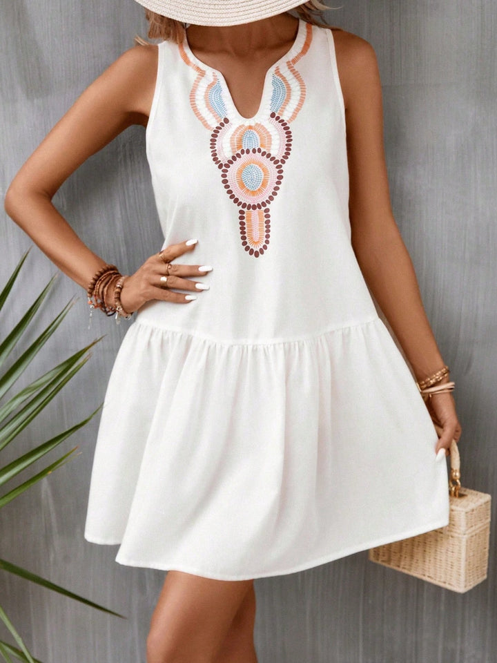 White Printed Sleeveless Mini Dress