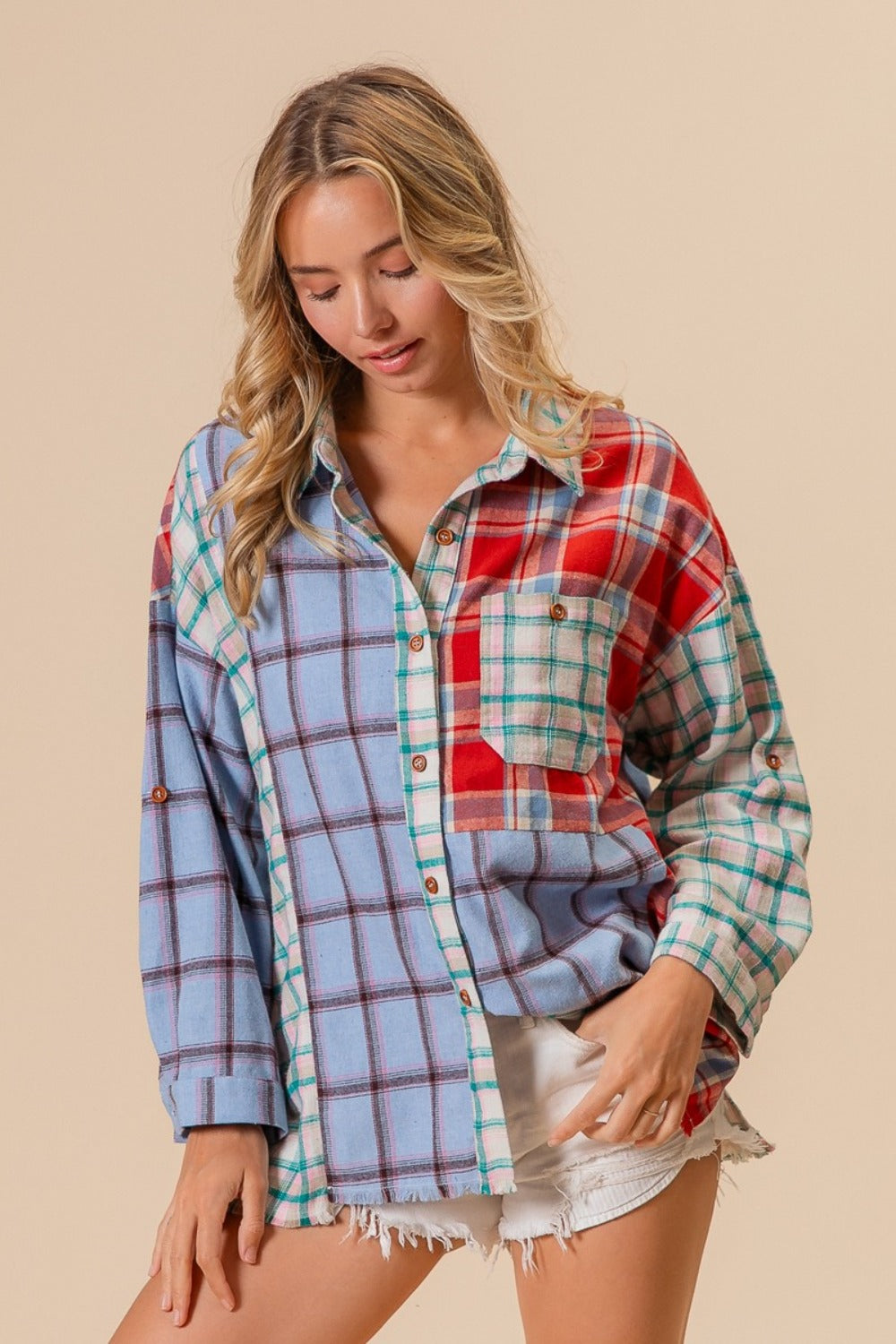 Color Block Plaid Button Down Shirt