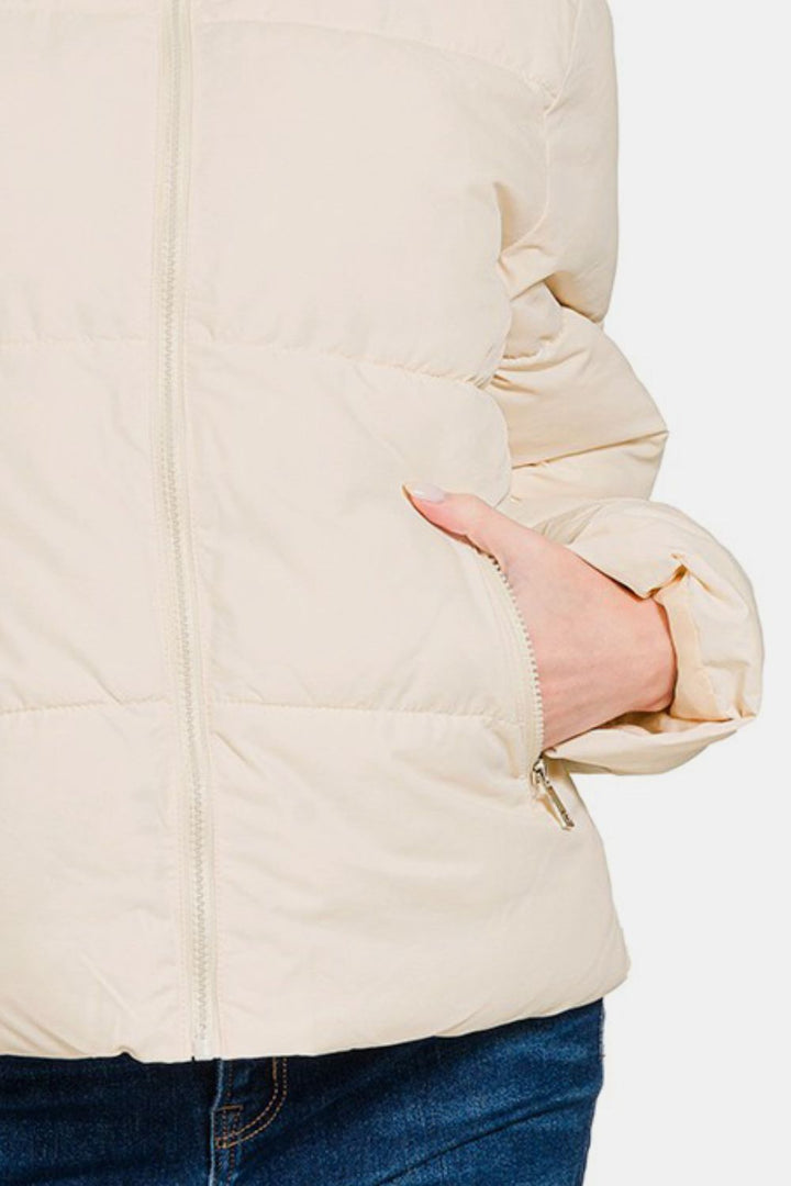 Beige Zip Up Turtleneck Puffer Jacket with Pockets