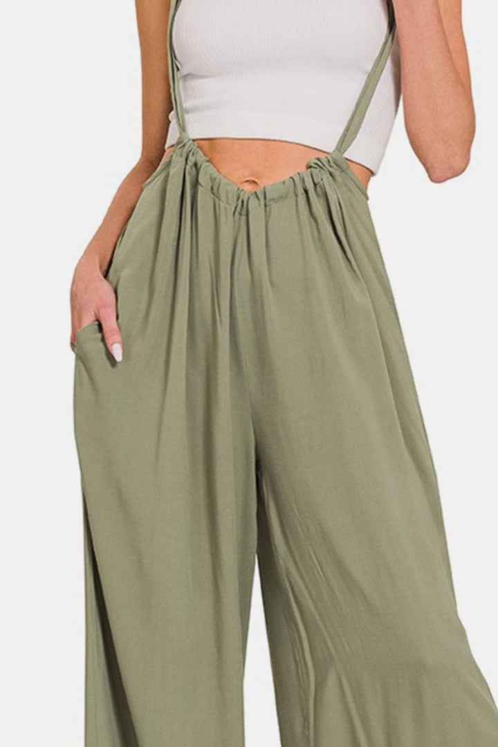 Olive Green Pocketed Wide Strap Wide Leg Overalls