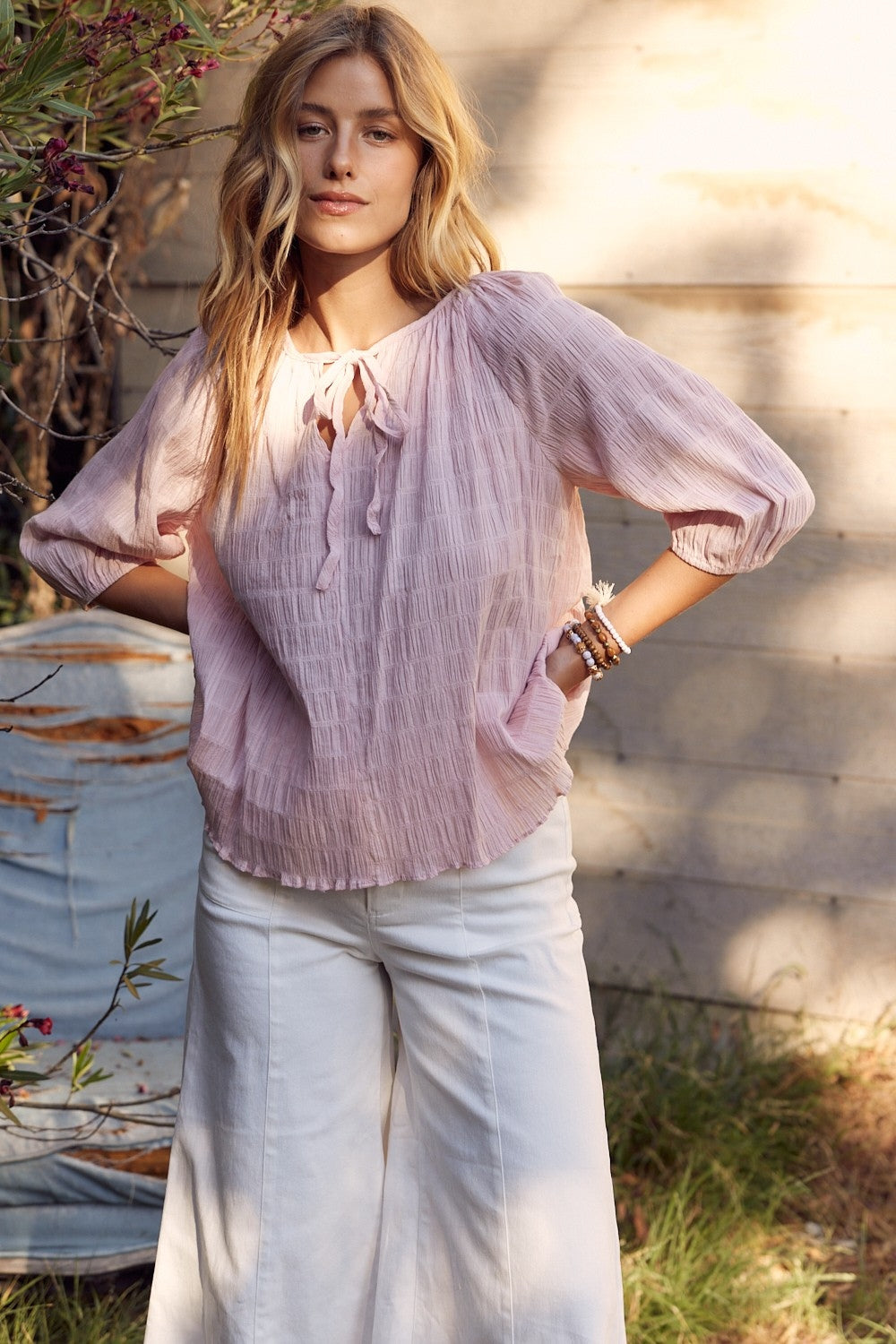 Dusty Pink Textured Tie Neck Blouse