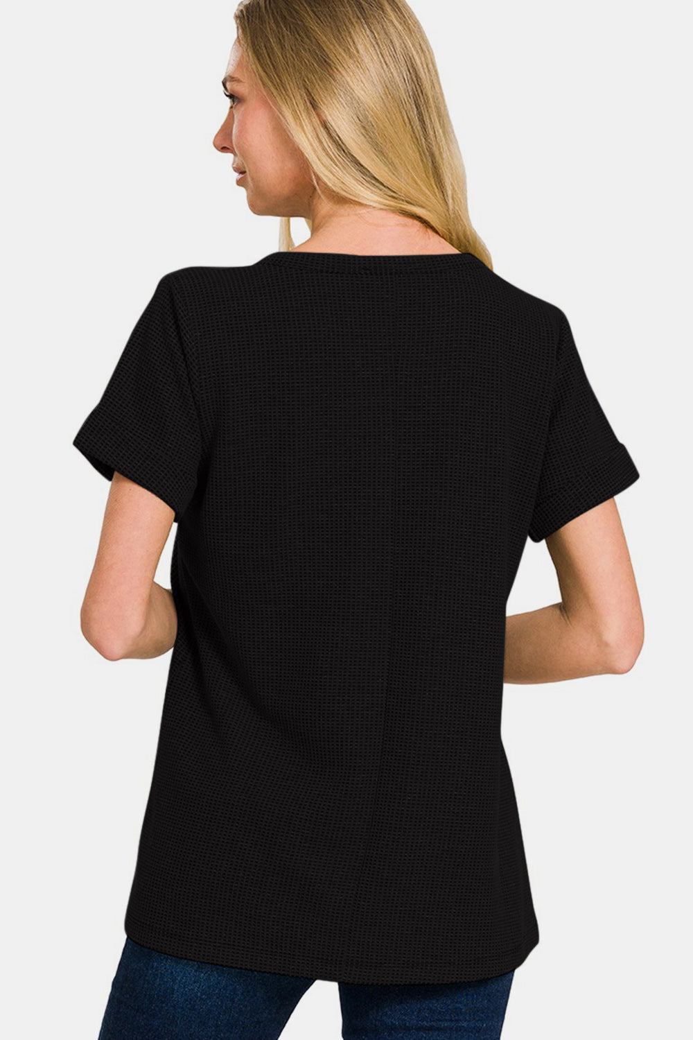 Black Notched Short Sleeve Waffle T-Shirt