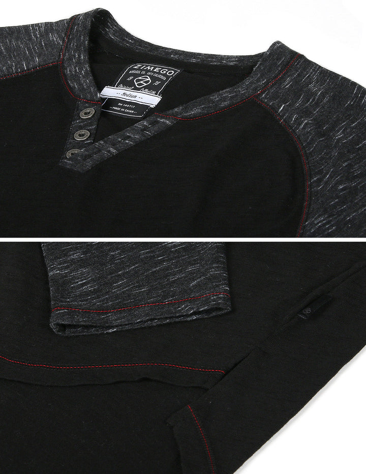 Black Long Sleeve Contrast Raglan Henley V-Neck T-Shirt