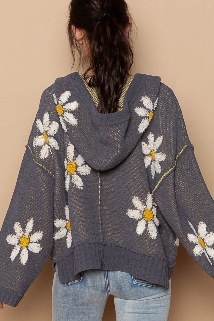 Floral Pattern Hooded High-Low Sweater Charcoal