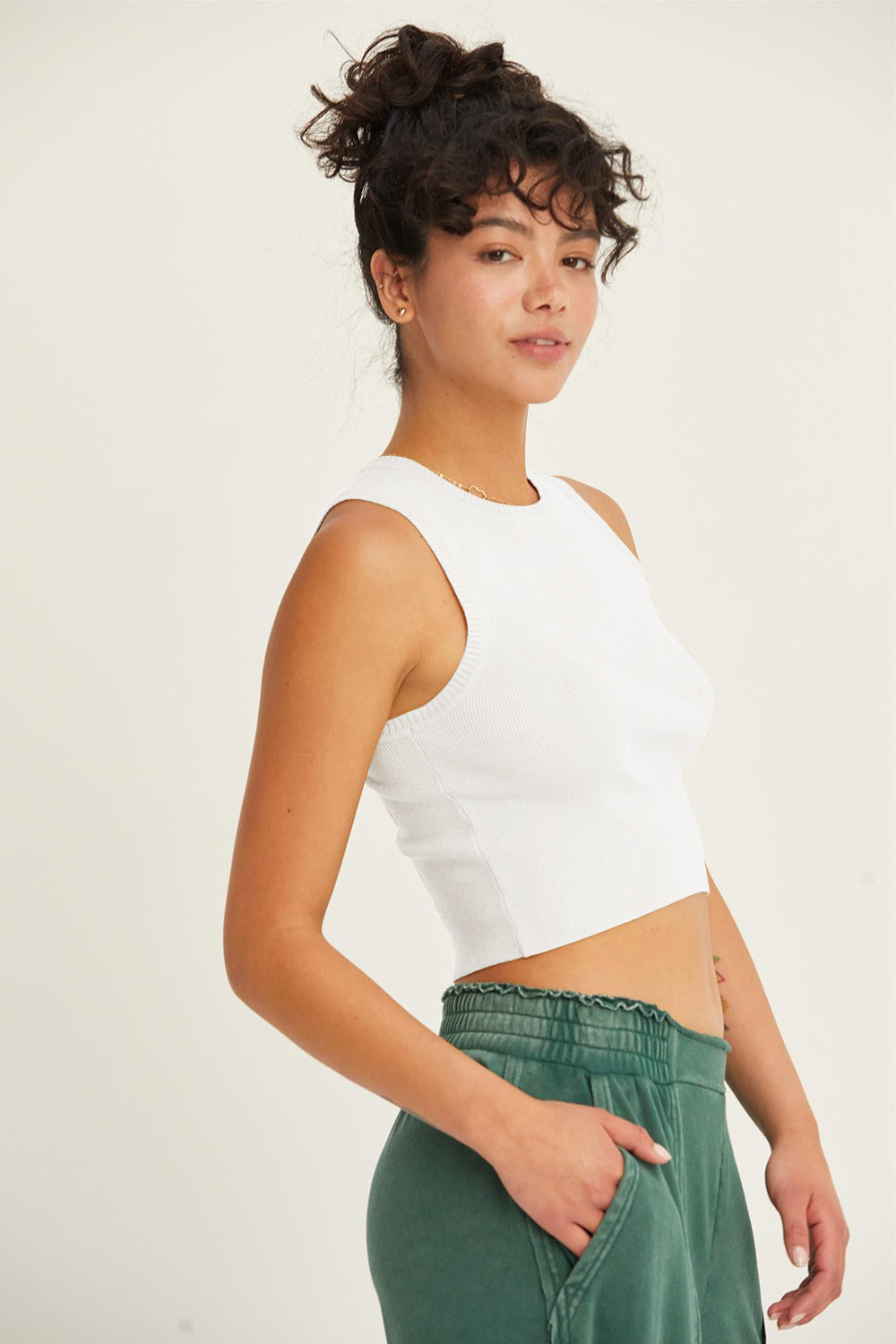 Off White Ribbed Knit Cropped Tank