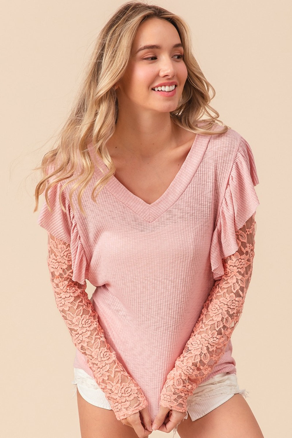 Blush Pink Ruffled Lace Sleeve Rib Knit Top