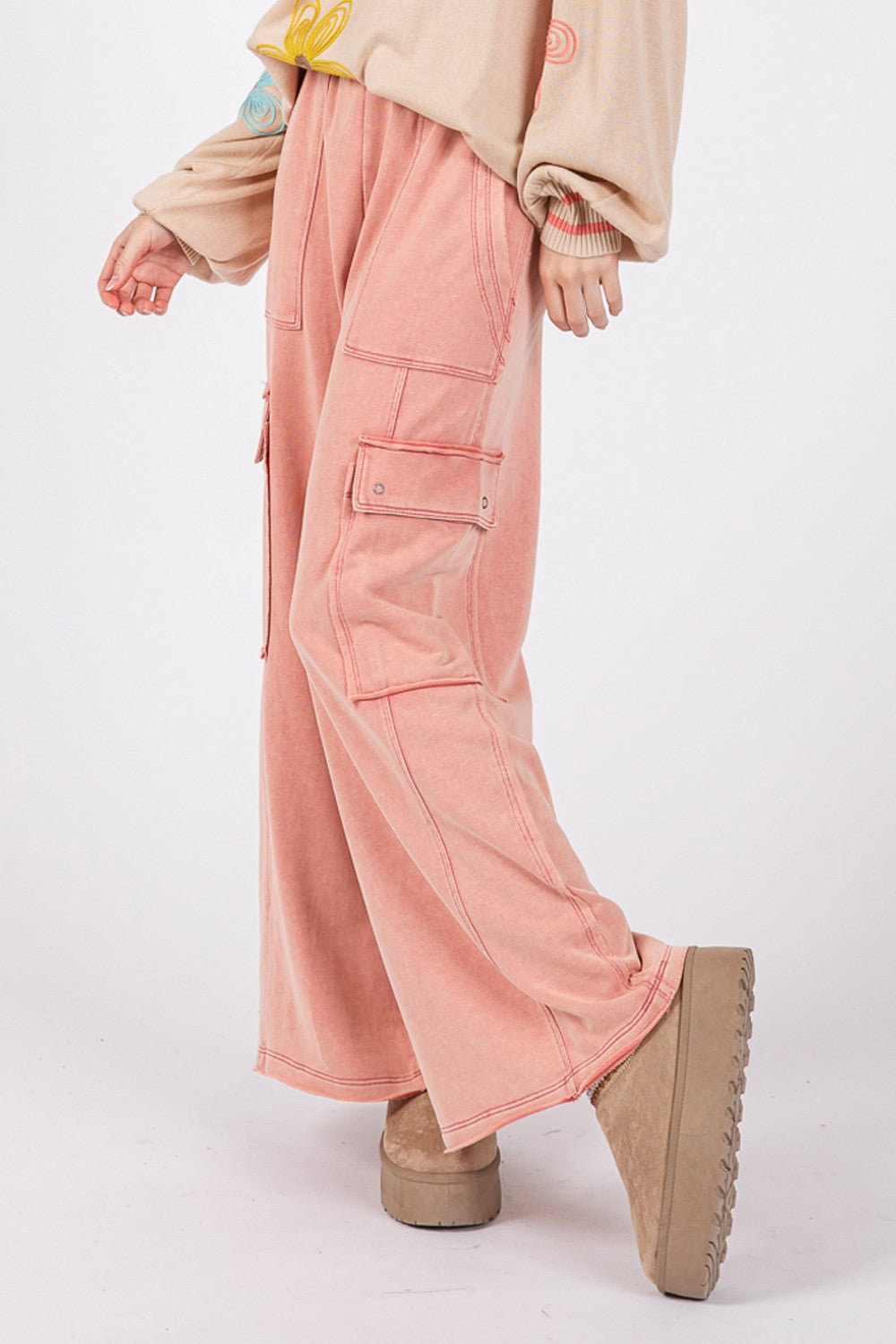 Rose Knit Terry Mineral Wash Wide Leg Pants