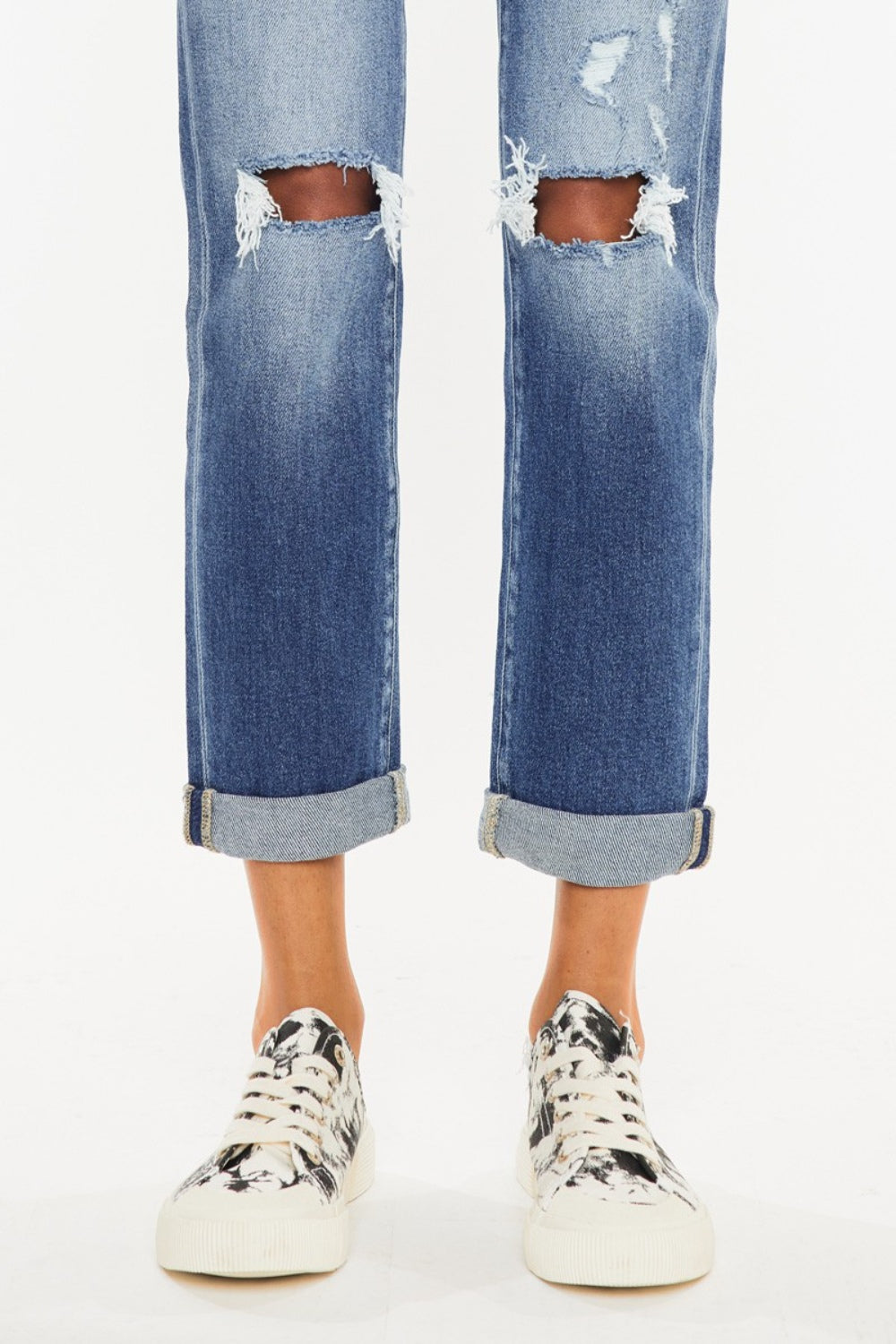 Mid Washed High Waist Distressed Hem Detail Cropped Straight Jeans