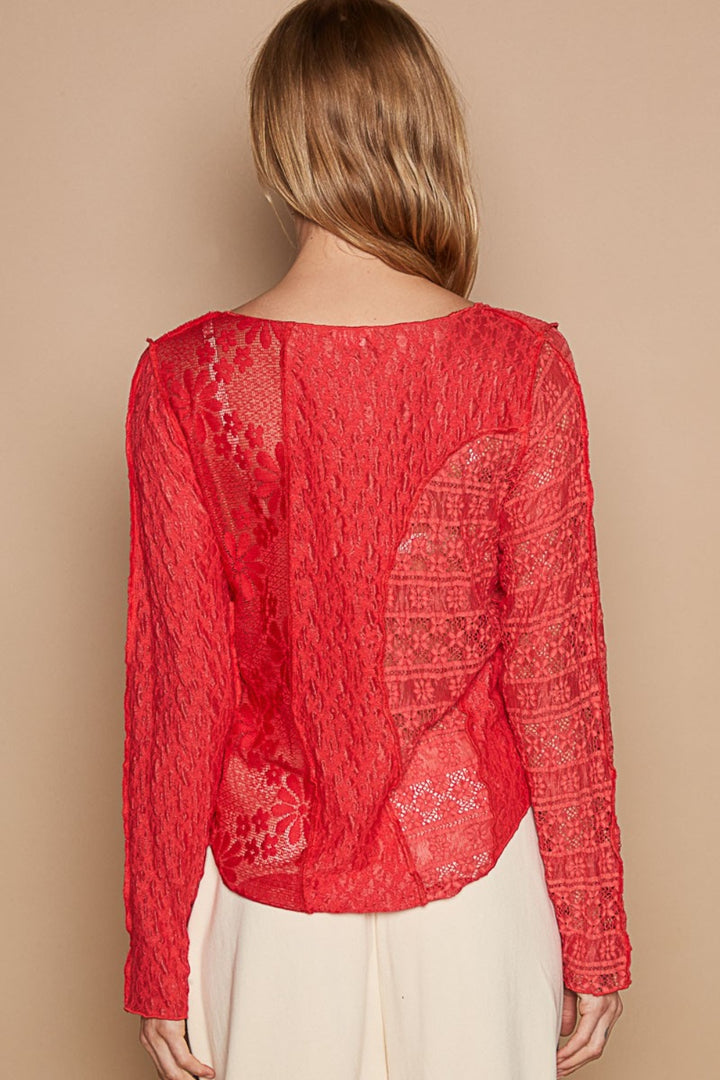 Red Exposed Seam Long Sleeve Lace Knit Top