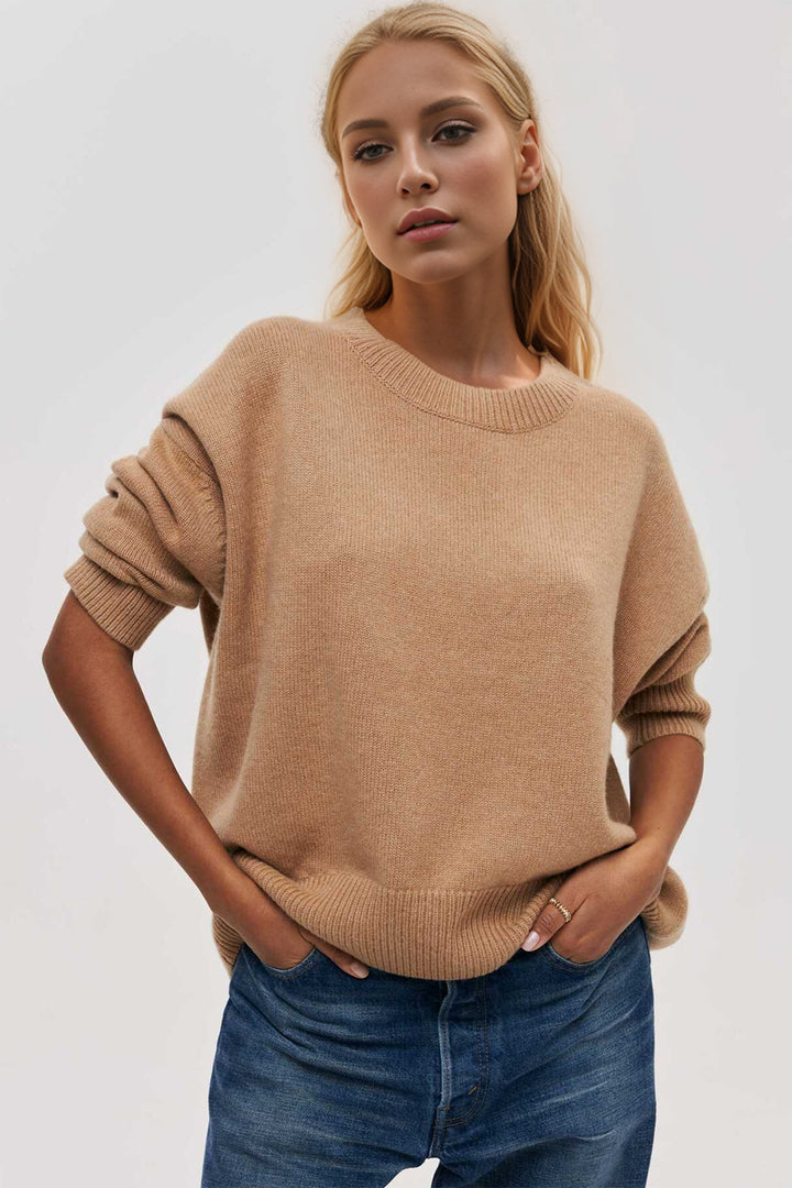 Round Neck Dropped Shoulder Long Sleeve Sweater