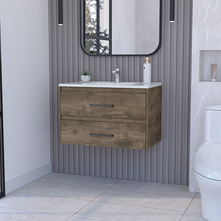 Wall Mounted Bathroom Vanity Alma with Sink 2 Drawers Dark Brown/White.
