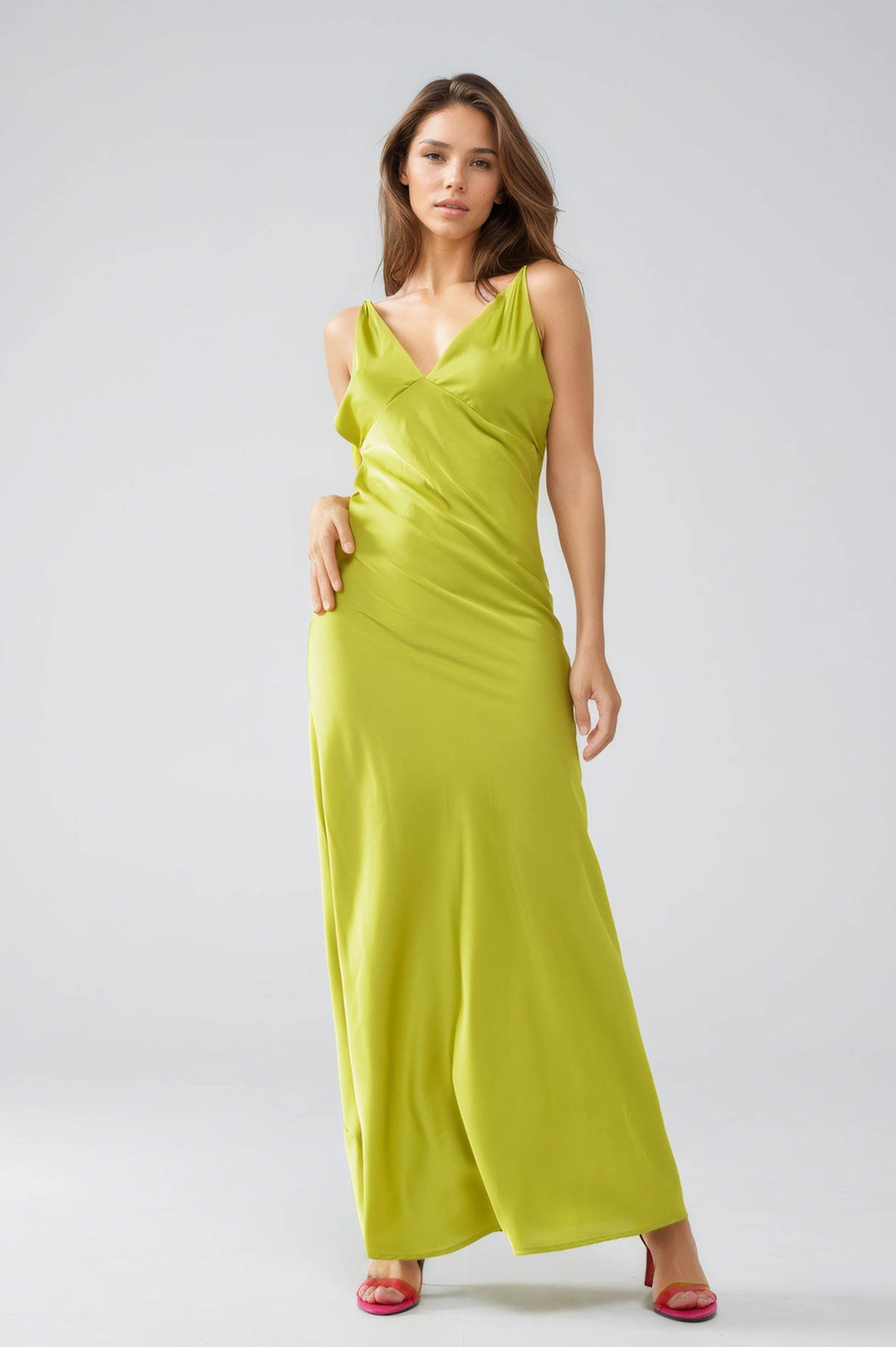 Satin Maxi Dress with Spaghetti Straps in Lime Green