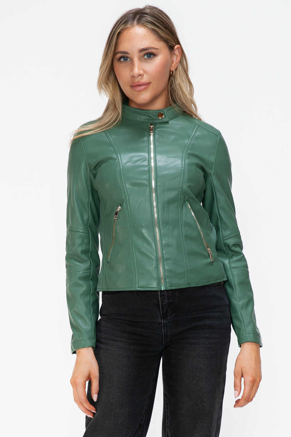 Sage Faux Leather Zip Up Drawstring Hooded Jacket