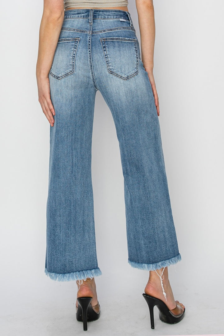 Risen Raw Hem Cropped Wide Leg Jeans