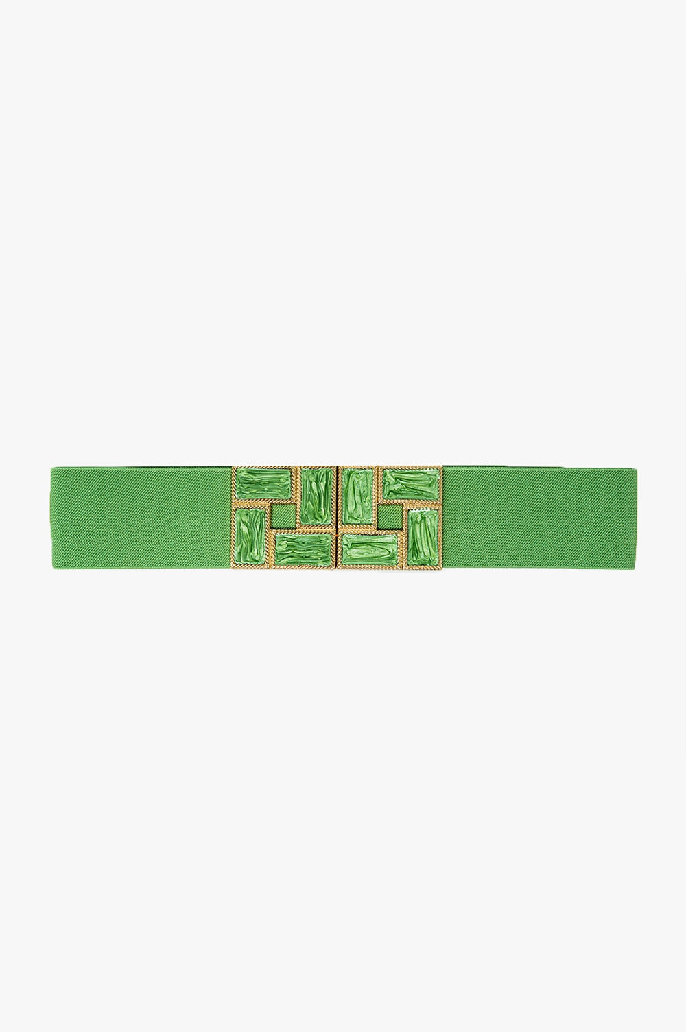 Green Elastic Belt with Squared Marbled Buckles and Gold Details