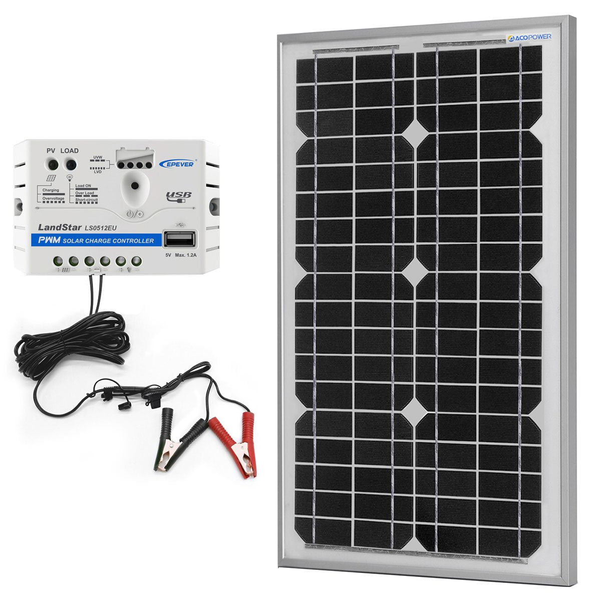 30W 12V Solar Charger Kit 5A Charge Controller with Alligator Clips