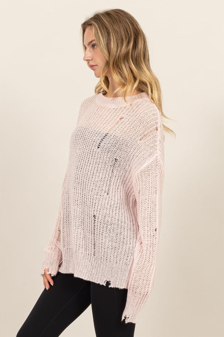 Pale Pink Distressed Long Sleeve Knit Top