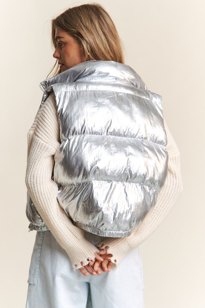 Silver Snap and Zipper Shiny Metallic Puffer Vest