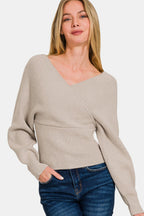 Mocha Cross Wrap Rib Long Sleeve Sweater