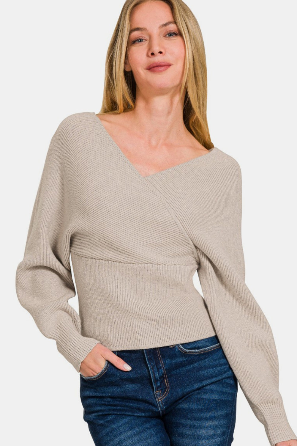 Mocha Cross Wrap Rib Long Sleeve Sweater