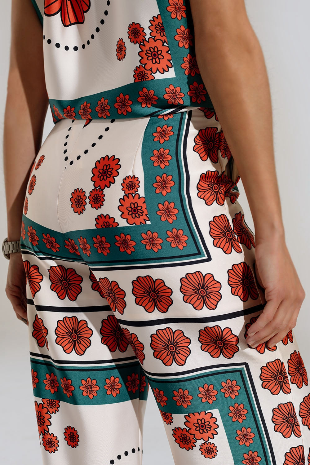 Satin Creme Flared Pants with Floral Design