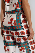 Satin Creme Flared Pants with Floral Design