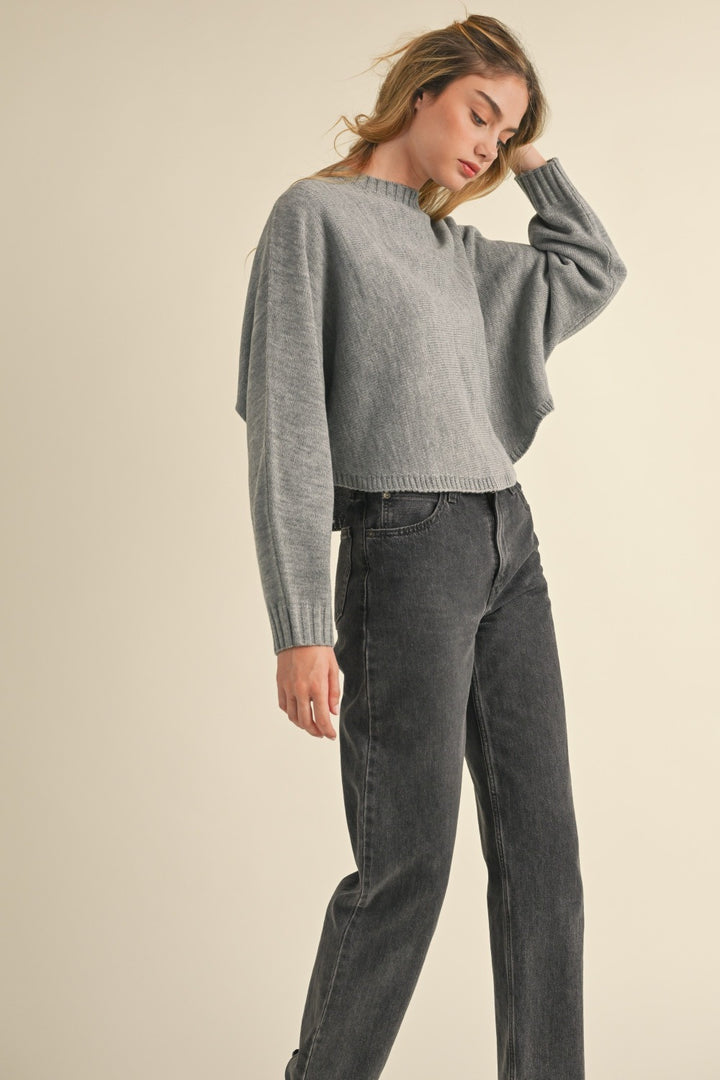 Grey Round Neck Dolman Sleeve Cropped Sweater